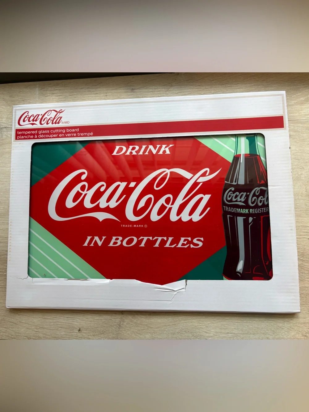 Coca-Cola Tempered Glass Cutting Board 12”x16”. Seaside Scene. Coke Bottle.